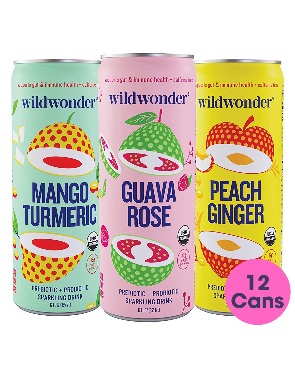 Wildwonder Sparkling Probiotic Juice Drink w/ Gut Health Immunity & Digestion Support, w/ 5g Fiber & Live Probiotics, Caffeine Free, Organic, Vegan