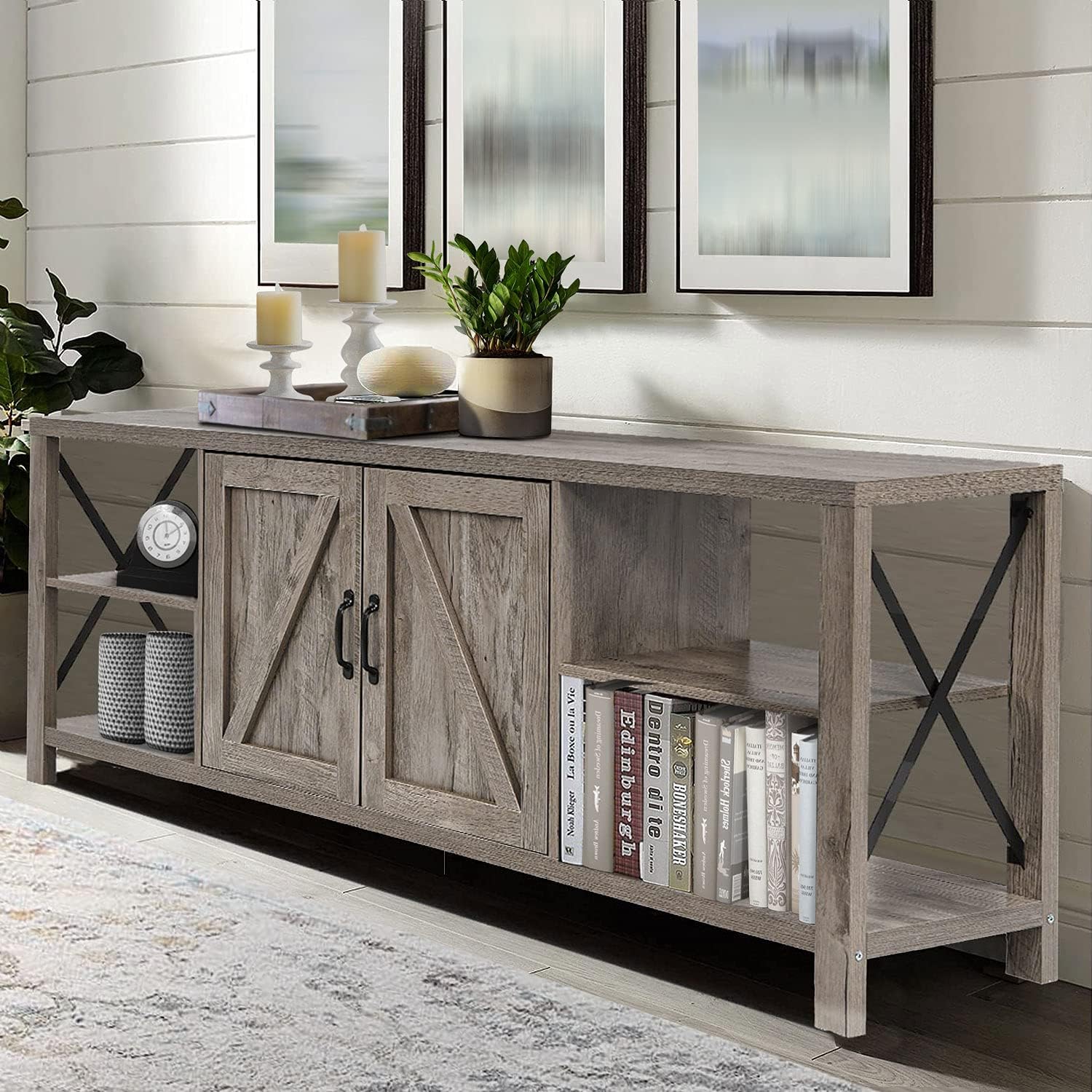 Farmhouse 68 TV Stand Barn Door Entertainment Center, Rustic Wood TV Console Table with Storage Cabinets and Shelves for TVs Up to 78, Rustic Oak