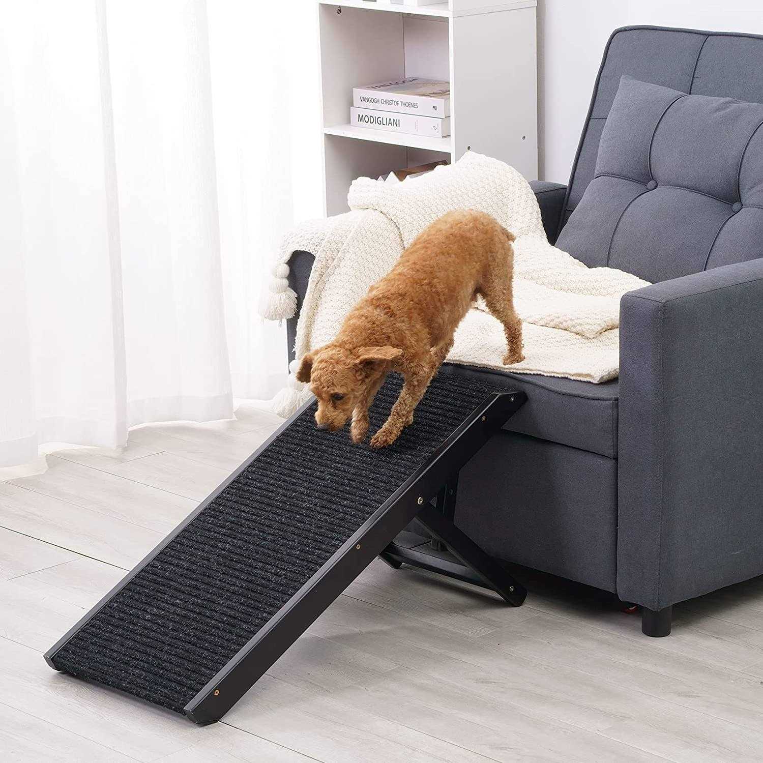 Sweetbin 18 Tall Adjustable Pet Ramp Small Dog Use Only Wooden Folding Portable Dog &amp; Cat Ramp Perfect for Couch or Bed with Non Slip Carpet