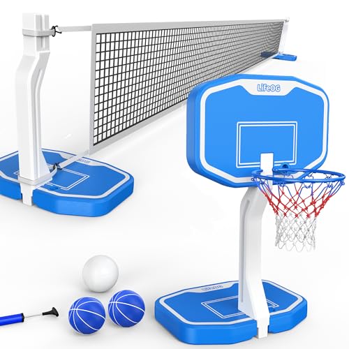 2 in 1 Swimming Pool Basketball & Volleyball Game Set,includes Poolside Hoop, Balls, Net, and Pump,Ideal for Ages 6+ Kids/Adults