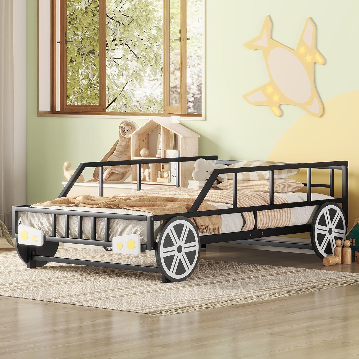 Size Car Bed Wih Rails Ad 4 Wheels, Meal Kids Low Plaform Bed Frame, Race Car Bed For Kids Boys Girls ees, Black