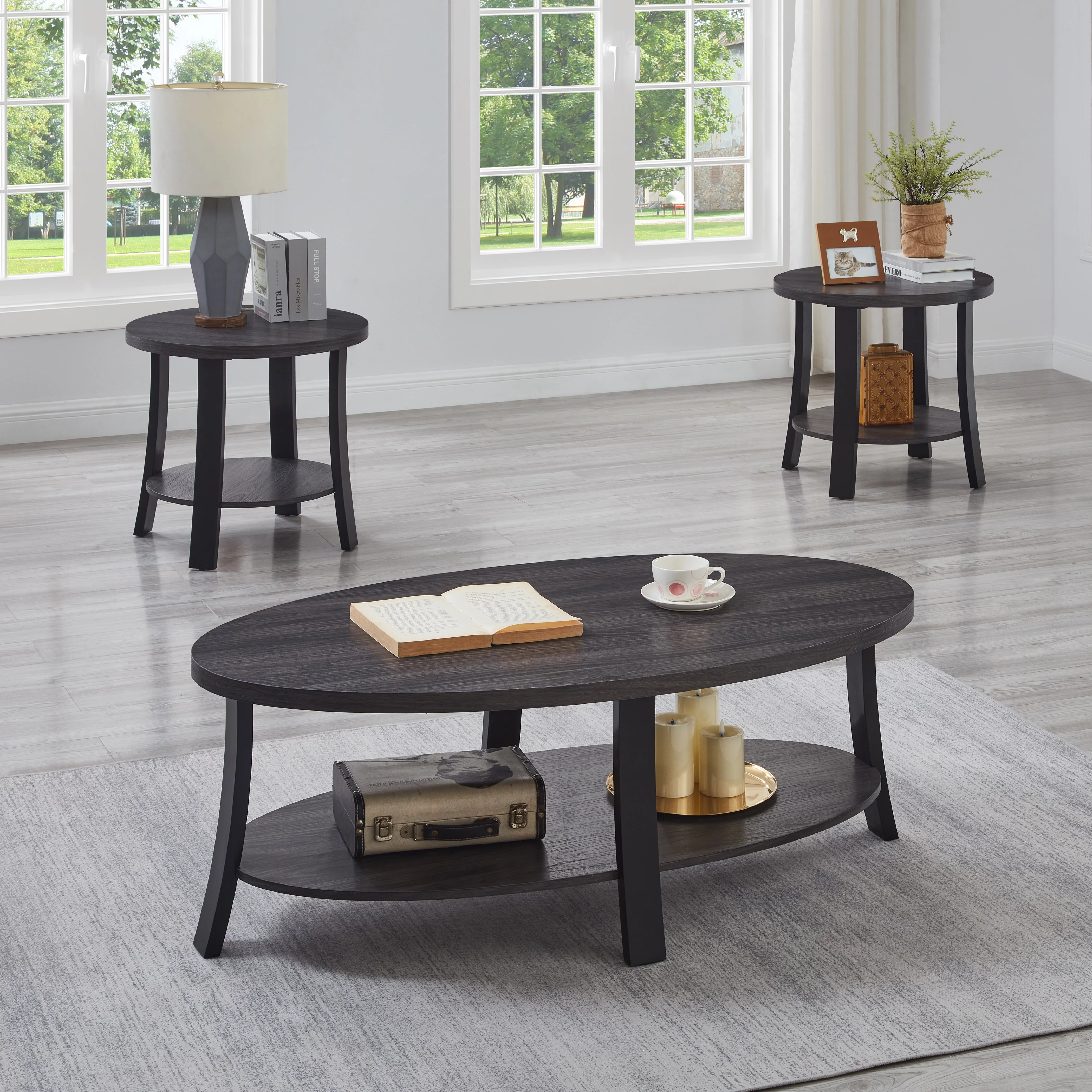 Roundhill Furniture Anze Living Room Contemporary Oval Wood Shelf 3-Piece Coffee Table Set in Charcoal Finish