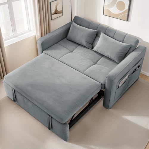 YITAHOME 55" Convertible Sofa Bed, 3-in-1 Sleeper Sofa with Pull-Out Bed, Velvet Futon Couch with Reclining Backrest and Side Pocket