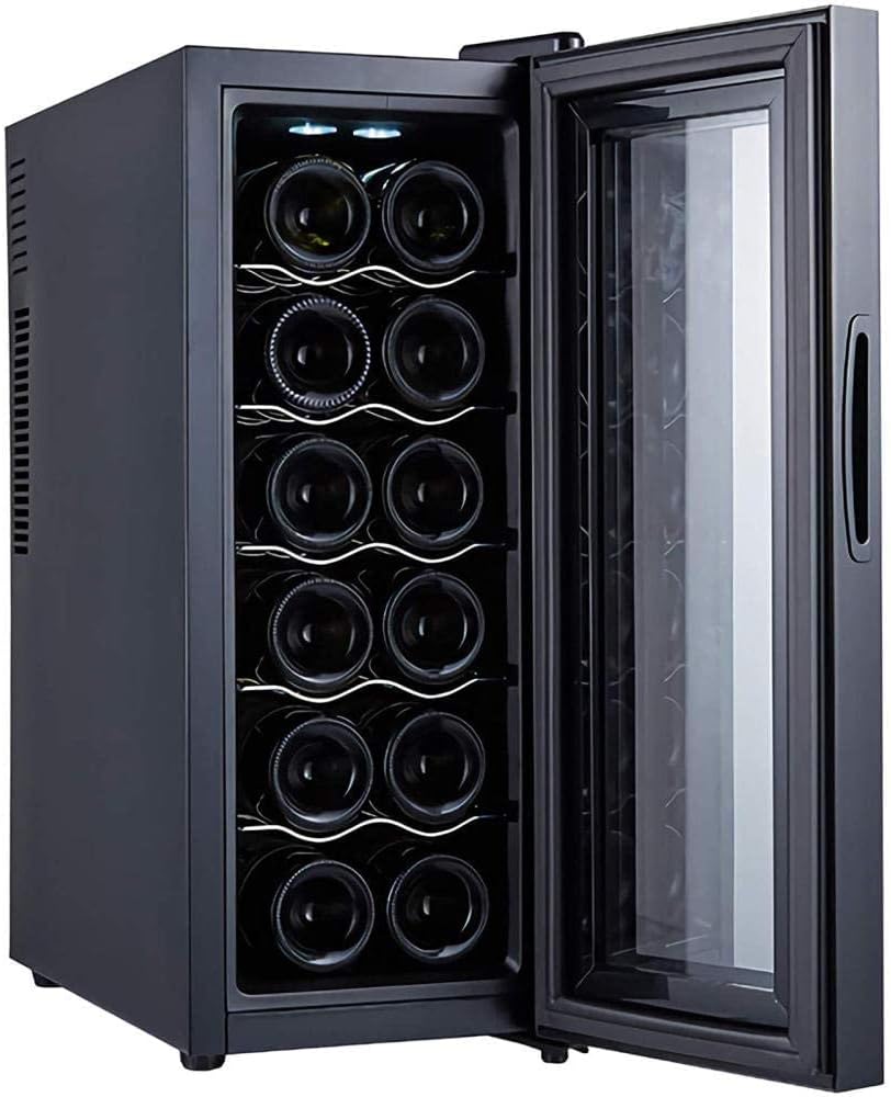 Wine Cooler 12 Bottle Thermoelectric Wine Cellar Fridge Small Countertop Constant Humidity Wine Refrigerator Digital Control Glass Door Black-B Metal