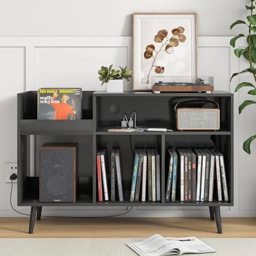 KHBIULIFE Mid-Century Record Player Stand with  Vinyl Record Cabinet Record Player Table with Power Outlet Turntable Stand Large Record Holder Holds