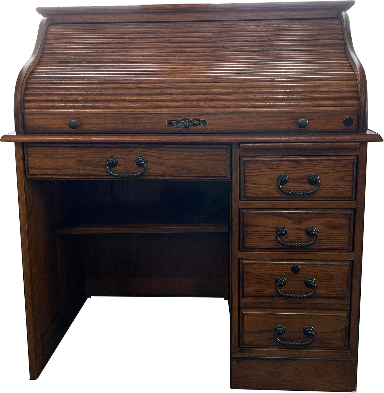 Small Home Office or Student Roll Top Desk- Solid Oak Wood Single Pedestal 40.5Wx24Dx45H BW Organizer Desk Quality Crafted Construction Locking File