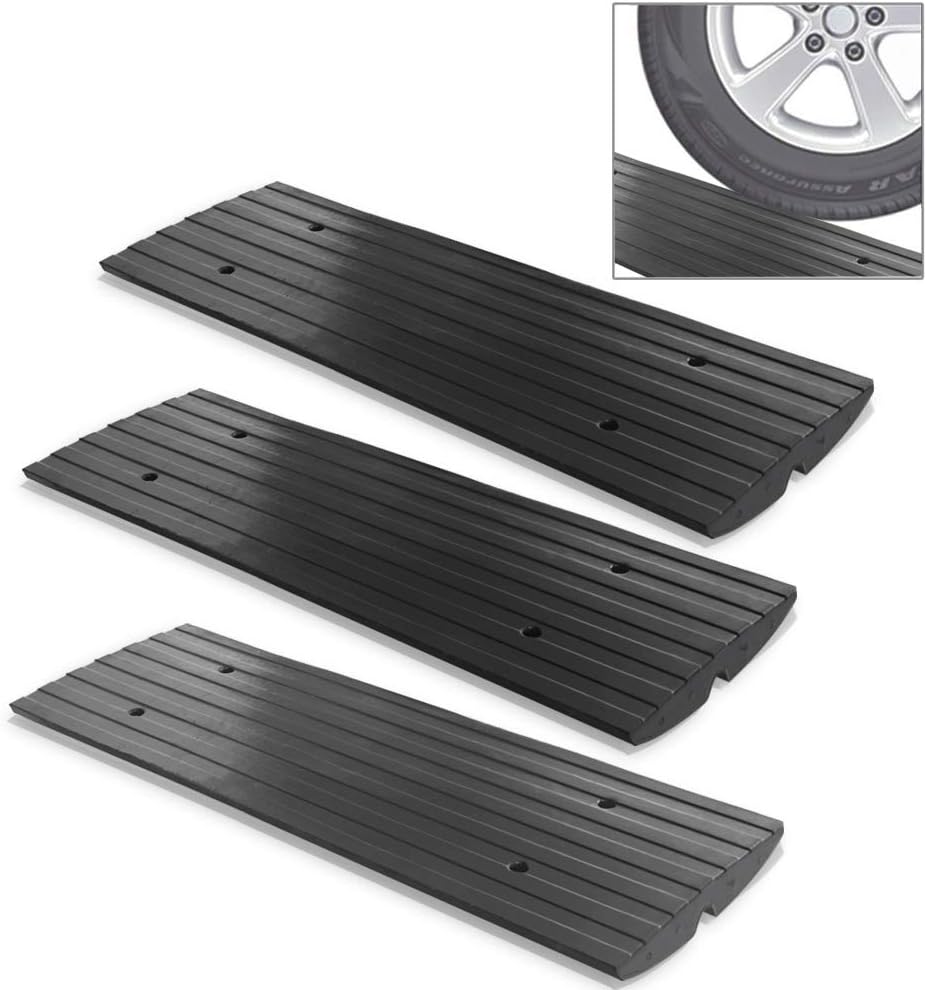 Pyle Car Driveway Adjustable Curb Ramps - 3 Pack Heavy Duty Rubber Threshold Ramp Kit Set -For Loading Dock, Garage, Sidewalk, Truck, Scooter, Bike