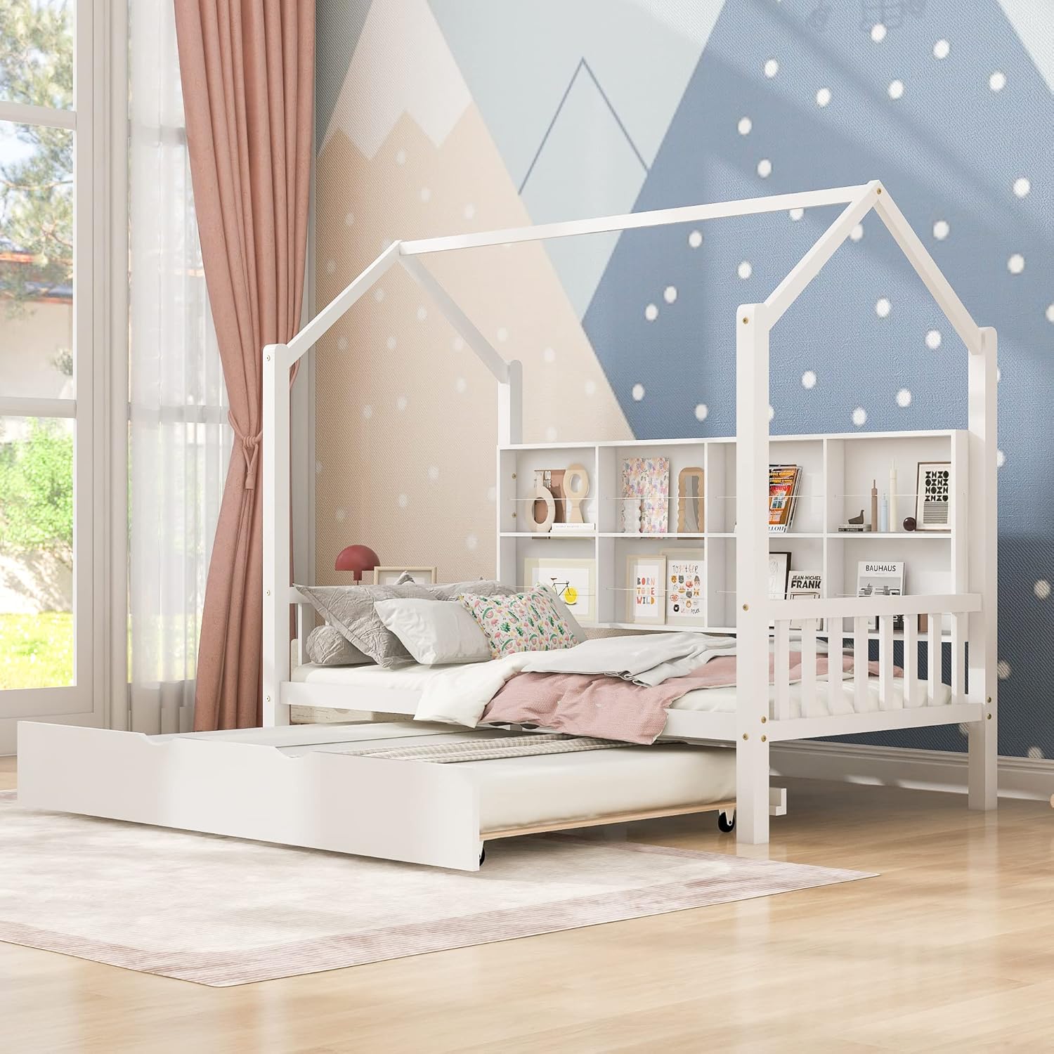 Merax Twin Size Platform Bed with Trundle, Wooden Twin Size House Bed Frame with Storage Shelf, No Box Springs Needed, White