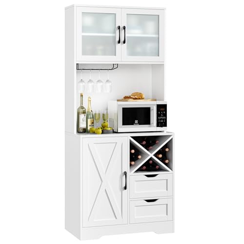 71" Kitchen Hutch, Pantry Cabinet with Microwave Stand, Freestanding Buffet with Hutch, Adjustable Shelf, 3 Glass Doors, 2 Drawers, for Home