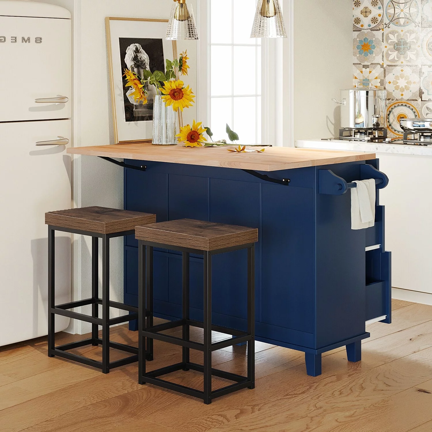 LivEditor Farmhouse Kitchen Island Set with Drop Leaf and 2 Seatings Blue - Radiant Selections