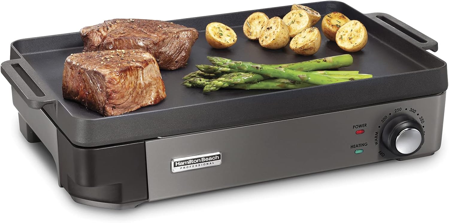 Hamilton Beach Professional Cast Iron Indoor Electric Grill & Griddle, 10" x 16" Preseasoned Cooking Surface, Adjustable Temperature up to 450° F
