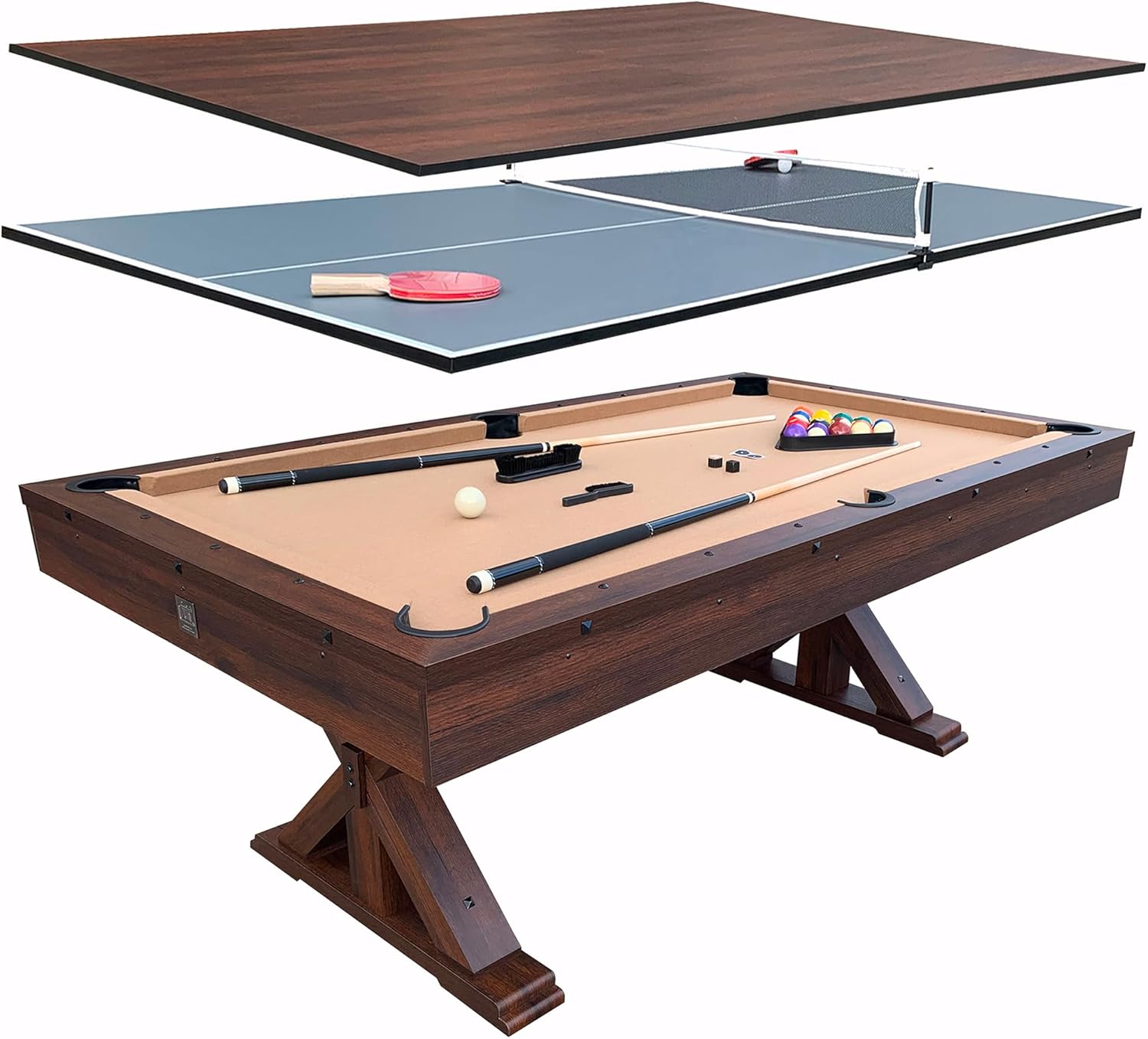 7 FT 3 in 1 Multi Game Pool Table with Dining Top Pool Table Ping Pong Table Combo, Includes Pool Table Accessories and Tennis Paddles
