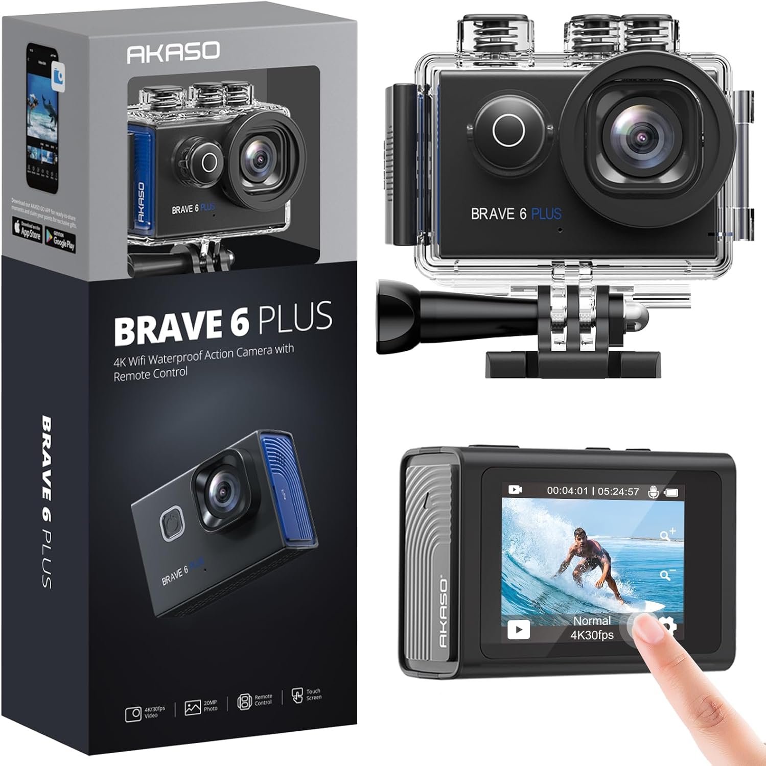 AKASO Brave 6 Plus Native 4K30FPS 20MP WiFi Action Camera with Touch Screen EIS 4X Zoom Voice Control Remote Control 131 Feet Underwater Camera with