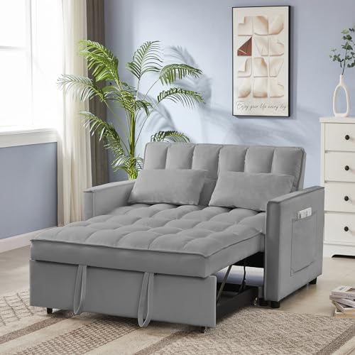 3 in 1 Velvet Pull Out Sofa Bed with Hidden Side Table, Convertible Loveseat Sleeper with 3 Speed Adjustable Backrest and Side Pockets