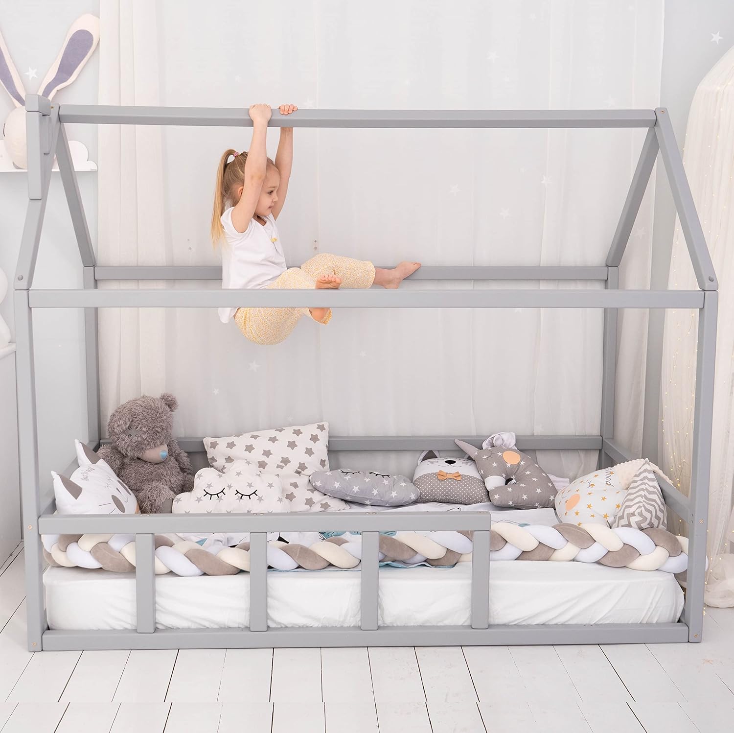 BUSYWOOD Montessori Twin House Bed - Toddler Floor Bed Frame - Kids Furniture - Indoor Playroom - Floor Bed House
