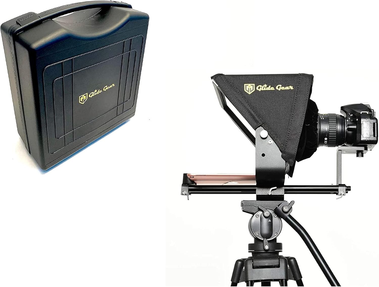 Glide Gear TMP 500 Universal Video Camera Tripod Teleprompter 15mm Rails w/ Carry Case