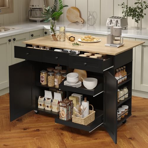 GarveeHome Rolling Kitchen Island Cart with Power Outlet & Drop Leaf, Kitchen Storage Cabinet On Wheels with 3 Drawers, Spice Rack & Towel Rack