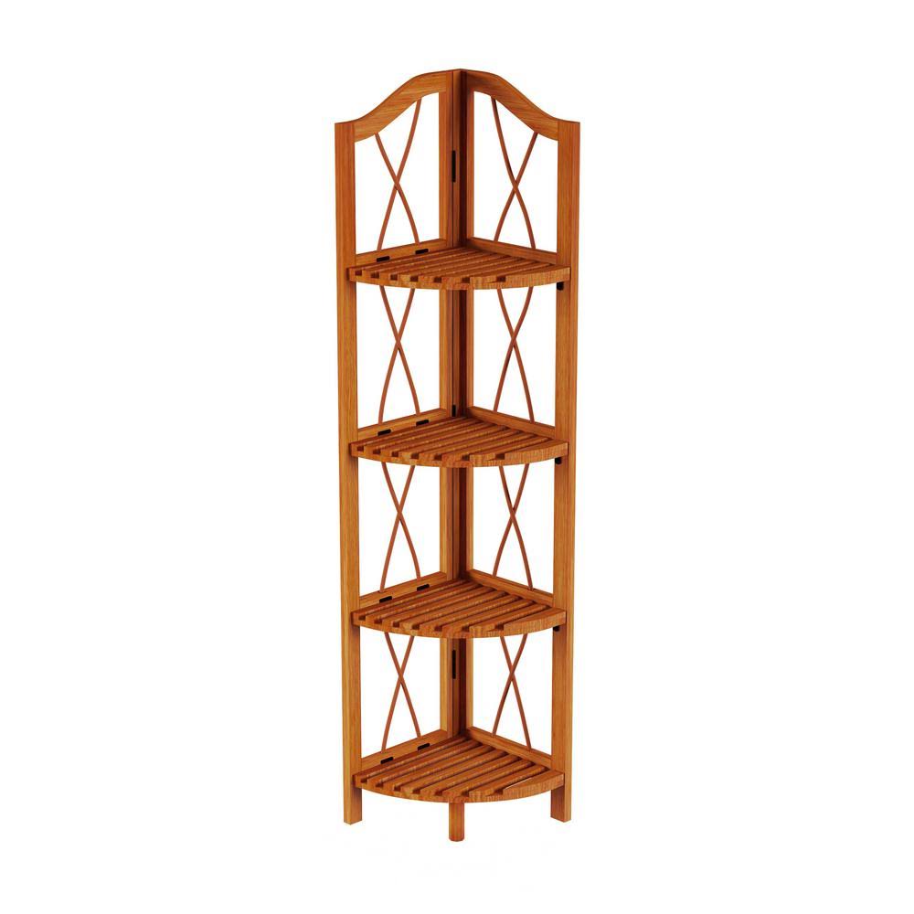 Trademark Global 43 in. Pecan Brown Wood 4-Shelf Corner Bookcase