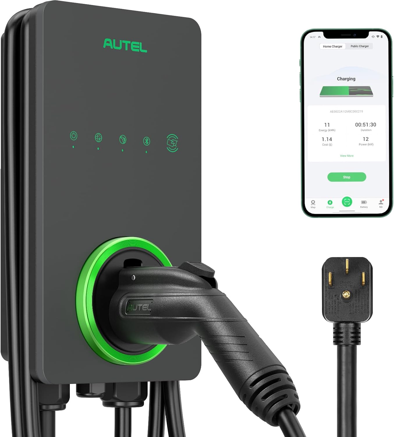 Autel Home Level 2 EV Charger up to 40Amp, 240V, Indoor/Outdoor Fast Electric Vehicle Charging Station with Flexible 25-Foot Cable, NEMA 14-50 Plug