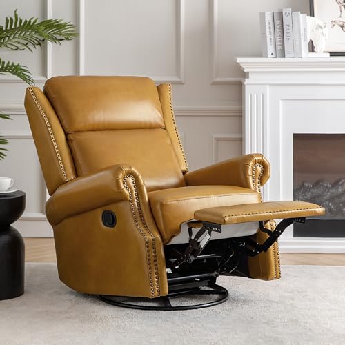 HULALA HOME Genuine Leather Swivel Rocker Recliner, Manual Glider Recliner Chair with Footrest and Lumbar Support