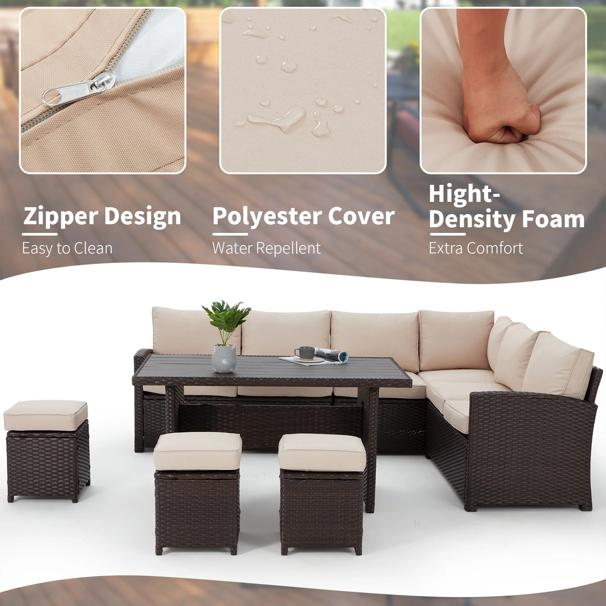 AECOJOY Outdoor 7-piece Wicker Dining Set Patio Sofa Furniture Beige - Curated Treasures Market