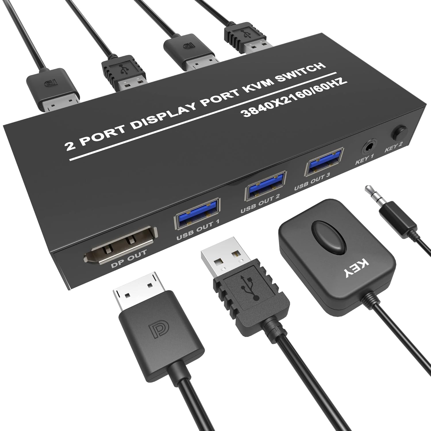 KVM Switch DisplayPort 2 Port, DP KVM Switch, Two Computers One Monitor Switch to Share Mouse, Keyboard, Printer, USB Ports and Ultra HD Monitor