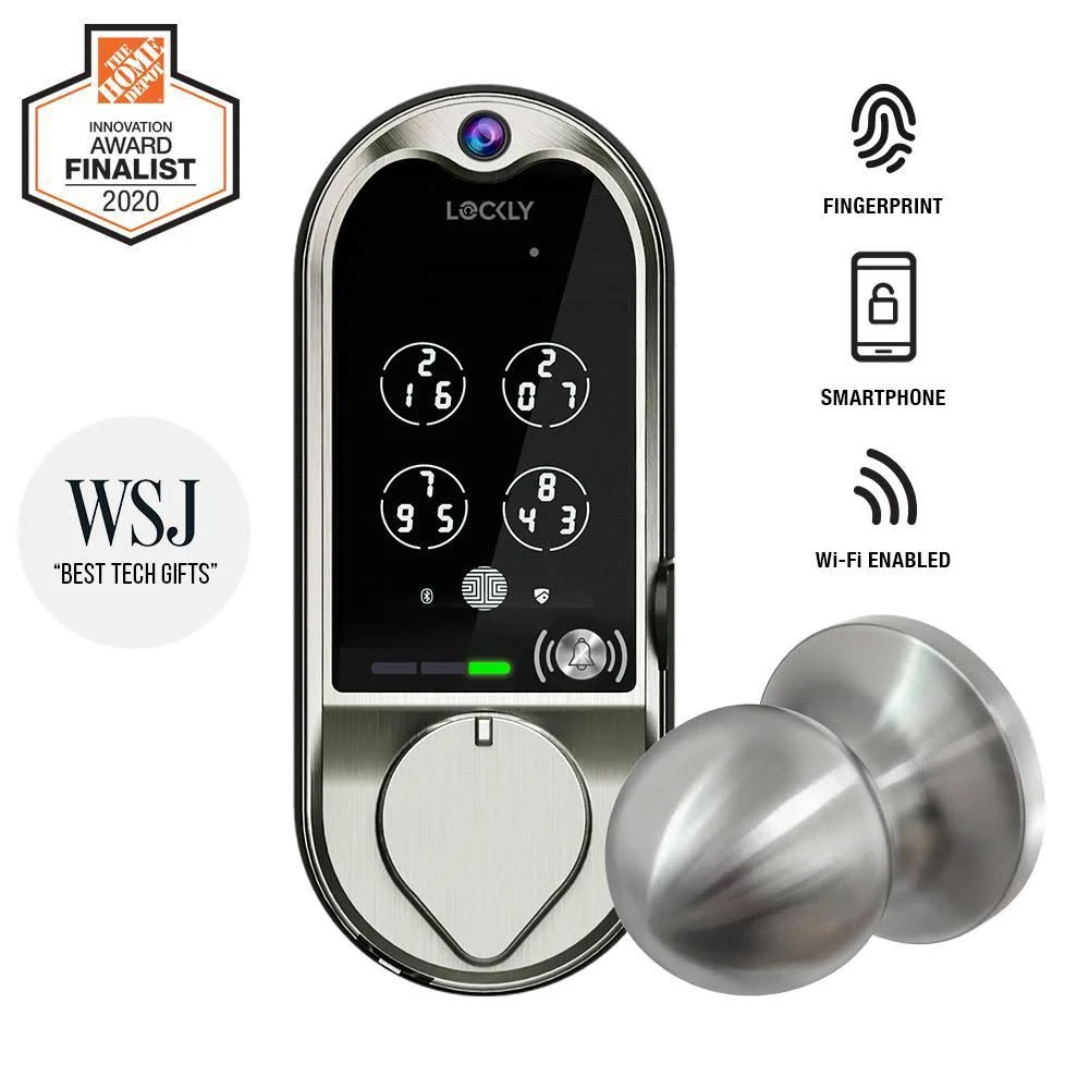 Lockly Vision Single Cylinder Smart Deadbolt Lock and Integrated Video Doorbell Satin Nickel with Knob Handle PHL075SS