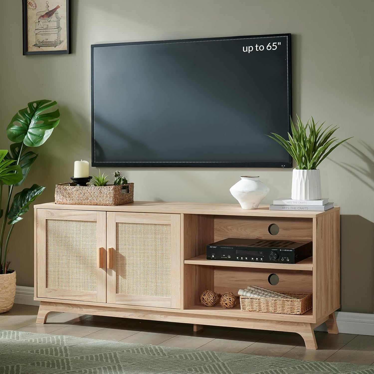 Okvnbjk TV Consoles for Living Room, Mid Century Modern TV Stand for 65 Inch TV, Rattan Entertainment Center