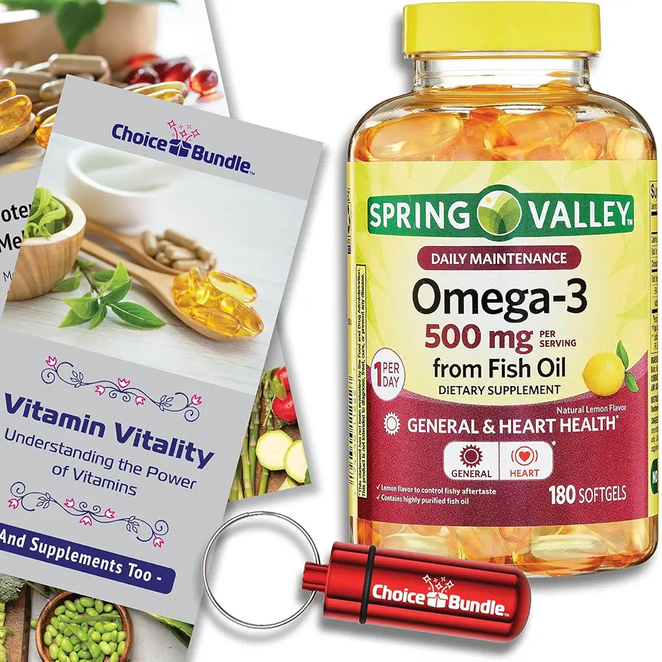 Spring Valley Fish Oil Omega 3 Fatty Acid Supplement Lemon Softgels 500 mg 180 Ct Vitamin Guide and Pill Container (3 Items)! - Kansas Nuitrition