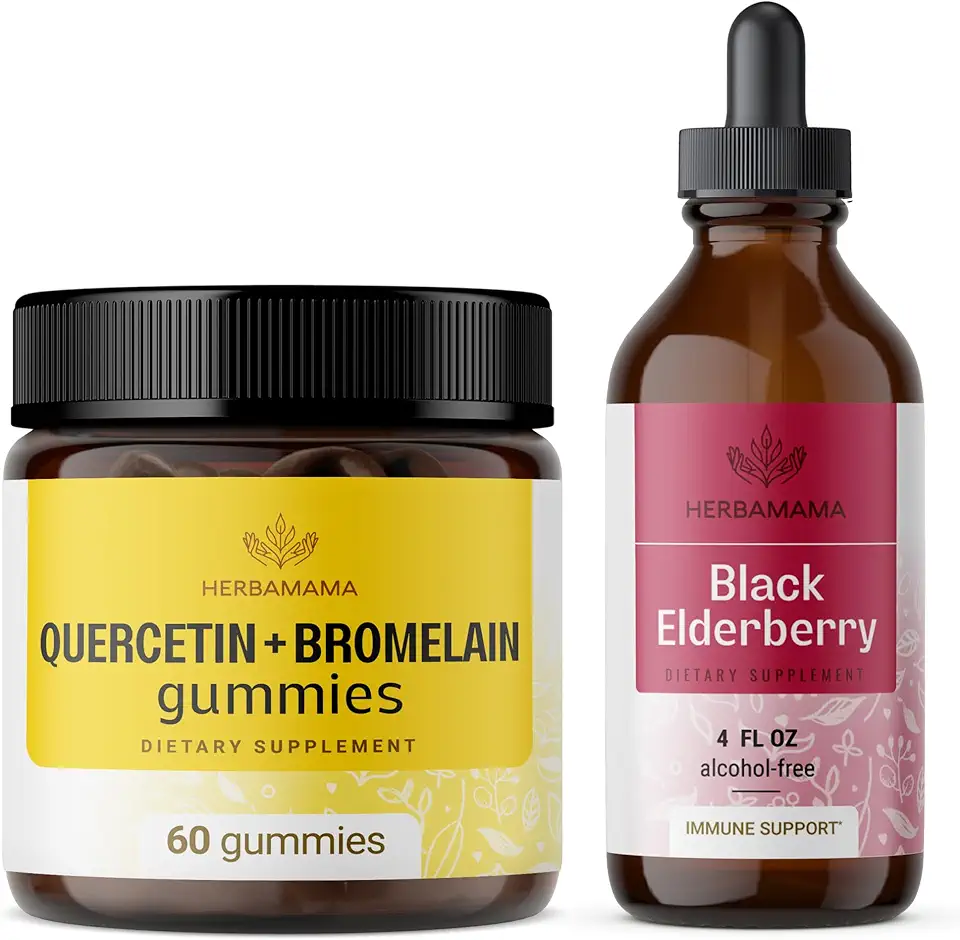 HERBAMAMA Quercetin Gummies and Elderberry Tincture Kit - Bundle of 800 mg Quercetin with Bromelain Gummies and Black Elderberry Tincture 4 fl oz