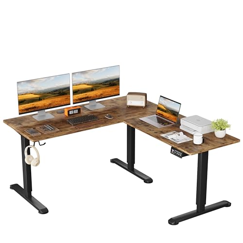 L-Shaped Electric Standing Desk, 63 x 48 Inches Height Adjustable Coner Table, Home Office Computer Workstation, Rustic Brown, 63 x 48 Inch