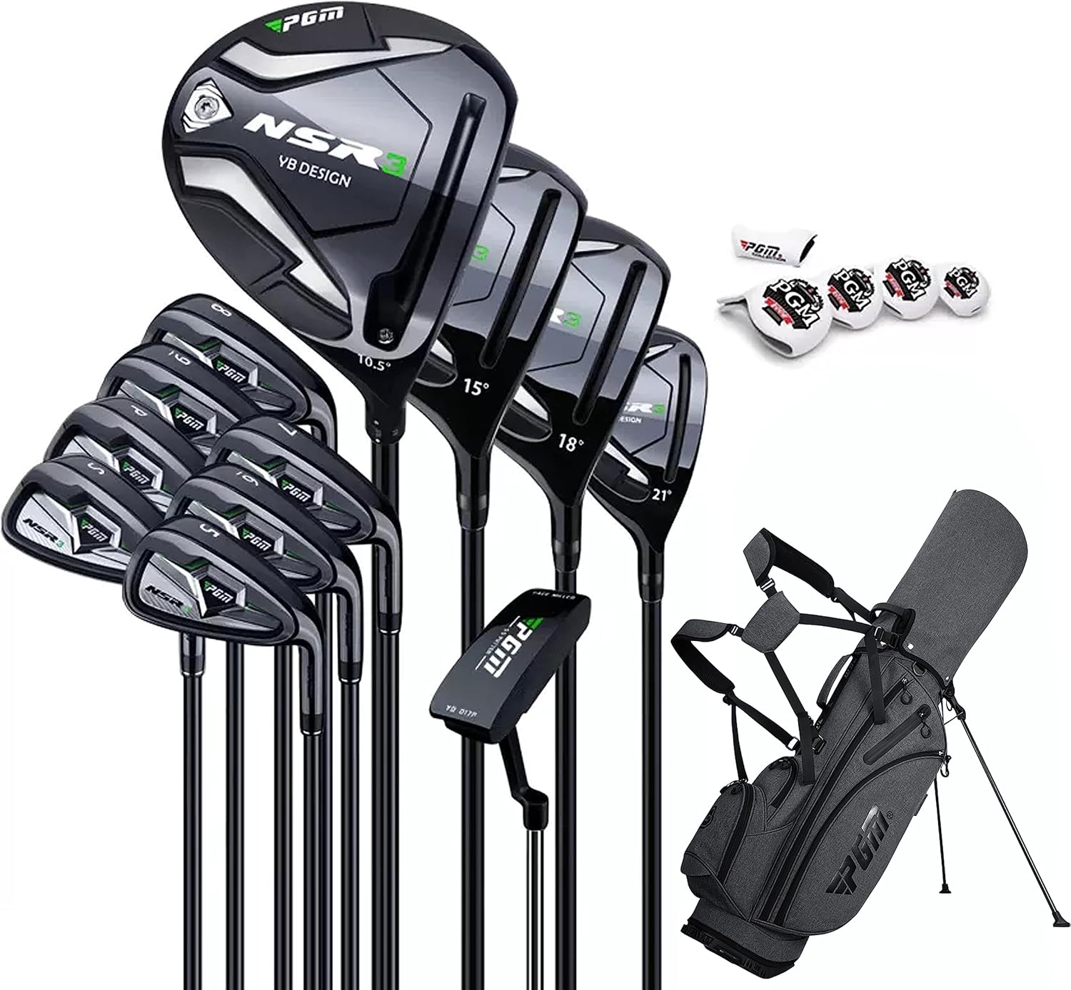 PGM Men's Complete Golf Club Sets - 12 Pieces - 3 Wood (#1,3,5), 1 Hybrid (#4H), 6 Irons(#5,6,7,8,9,PW), 1 Sand Wedge (52°), 1 Putter