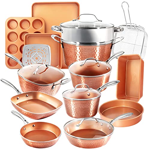 Gotham Steel Hammered 15 Pc Copper Pots and Pans Set Non Stick, Kitchen Cookware Sets, Pot and Pan Set, Ceramic Cookware Set, Non Toxic Cookware Set