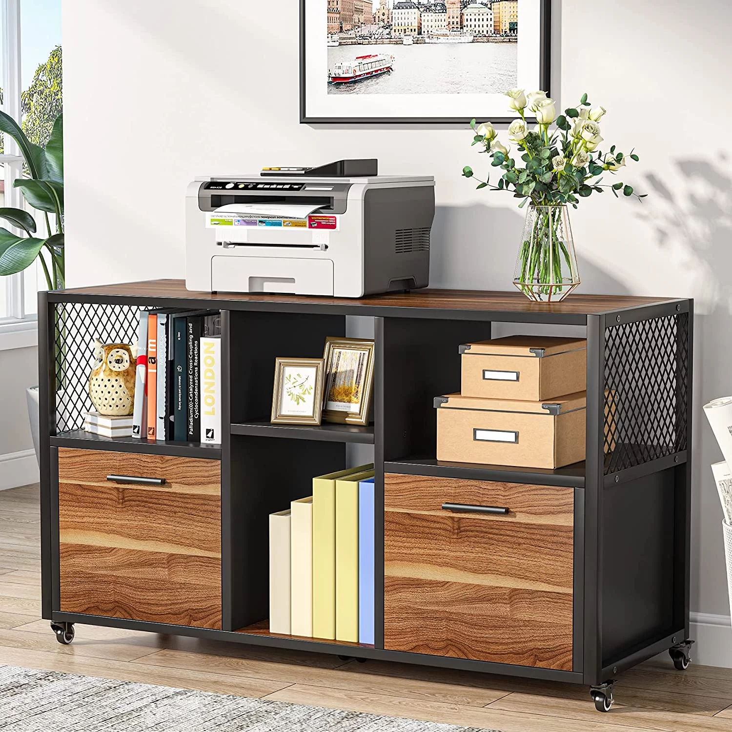 Baiyihang 2 Drawer Wood File Cabinets, Modern Mobile Lateral Filing Cabinet,  Rustic Brown