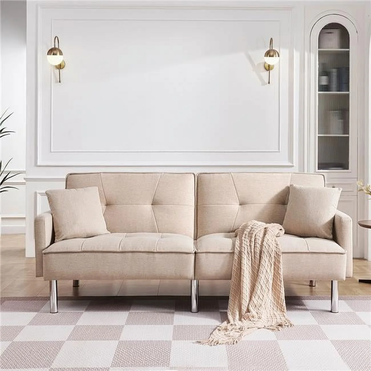 Moootto  84.6 in. Extra Long Modern Tufted Beige Fabric Futon Adjustable Sofa Bed & Folding Daybed Guest Bed, Upholstered Modern Convertible Sofa