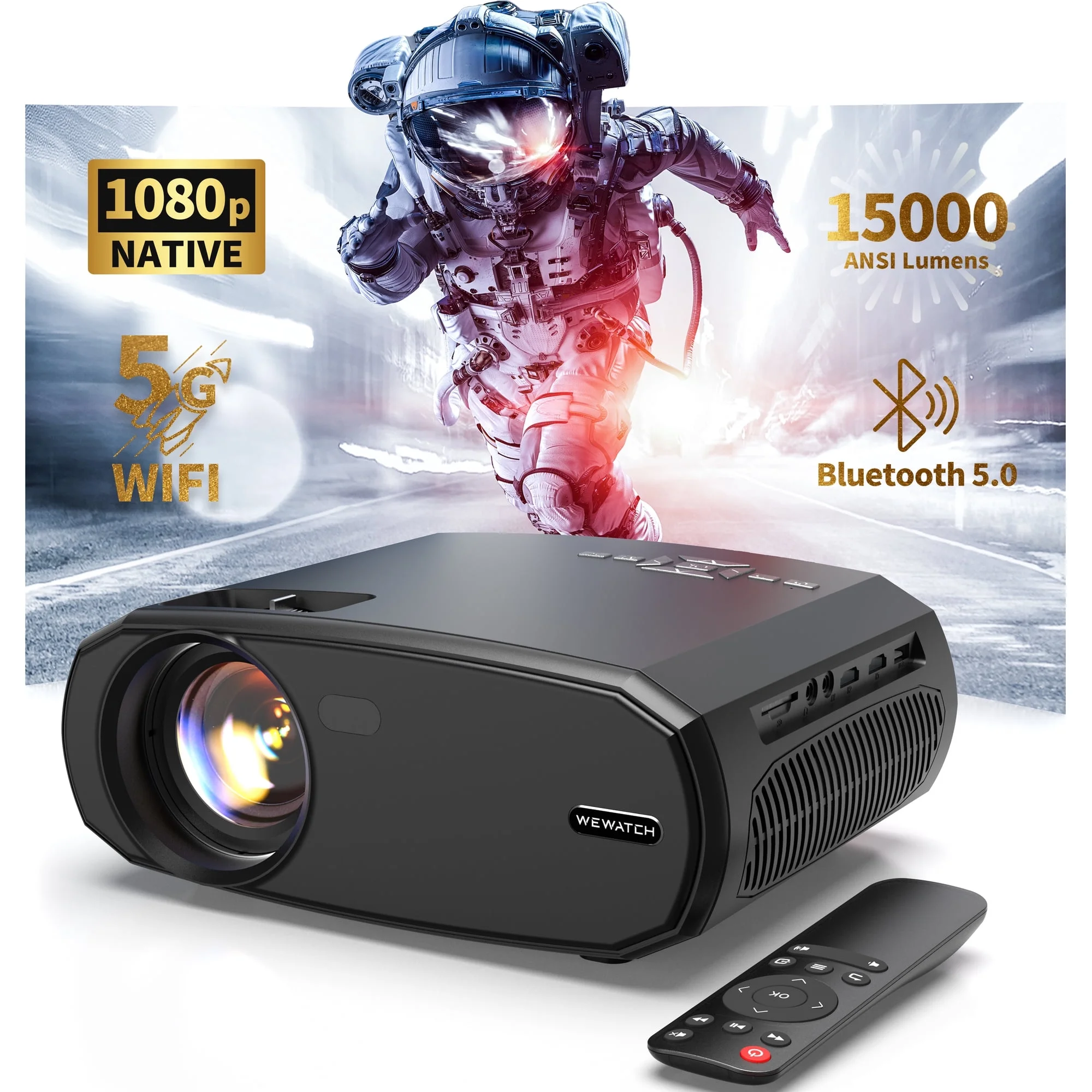 WEWATCH 230ANSI 15000 Lumens Outdoor Projector with 5G WiFi Bluetooth, 100% Zoom & Keystone Correction 1080P Projector