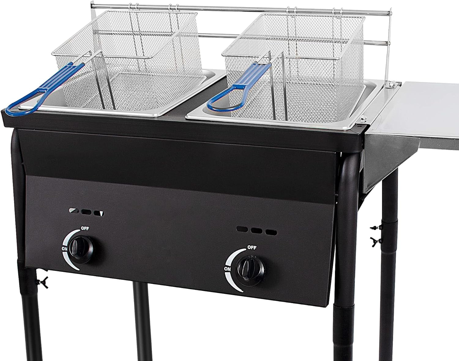 QCAI Two Tank Outdoor Black Deep Fryer | Propane Deep Fryer Propane with 2 Stainless Steel Basket & Lid Covers | Large Oil Tank Capacity with