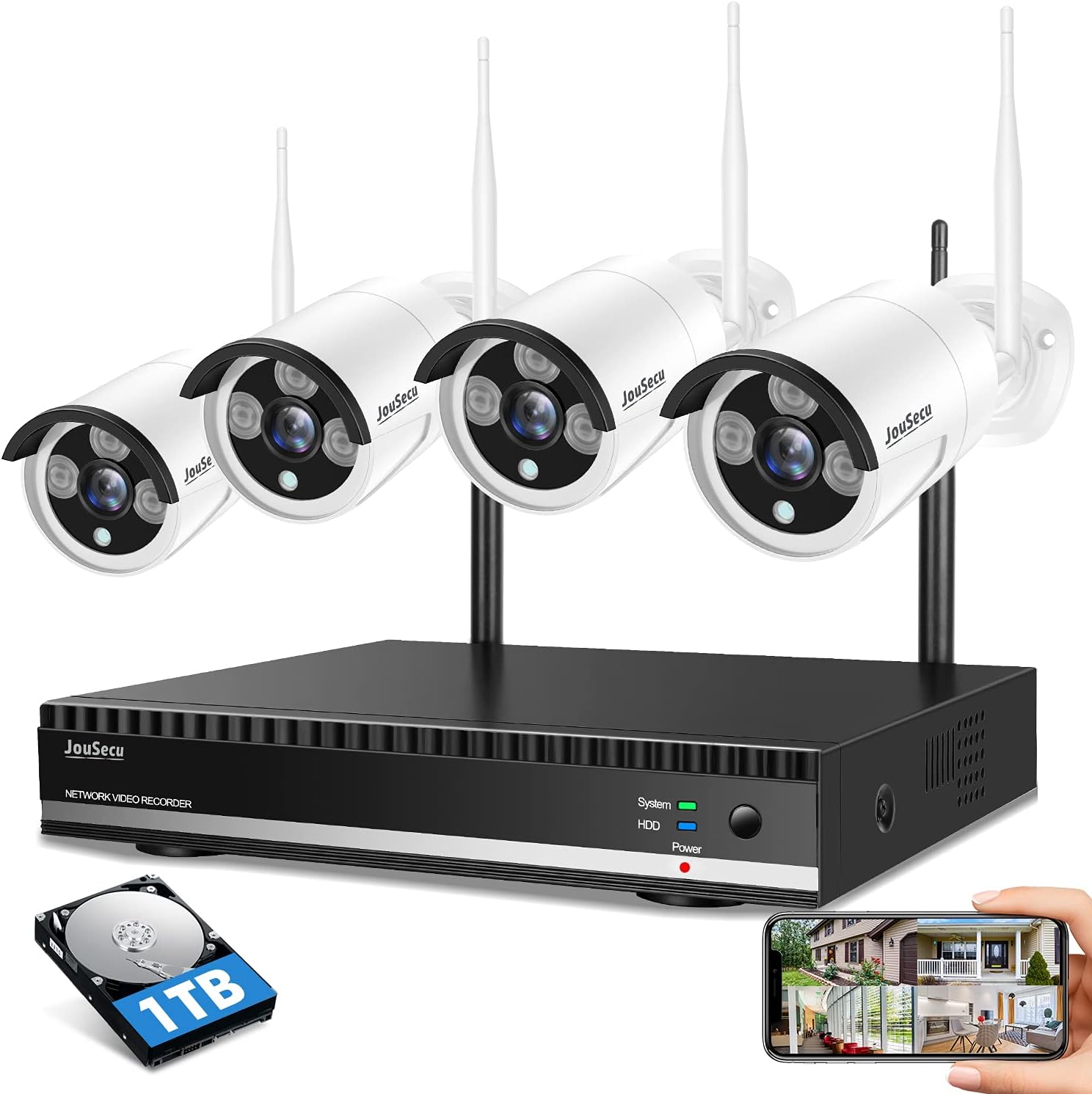 Home Security Camera System Wireless Surveillance NVR Kit with 8CH NVR 4Pcs 1080P 1-Way Audio Night Vision Remote View Motion Detection Waterproof