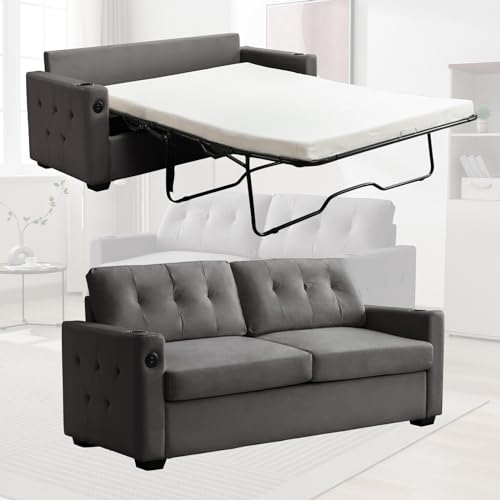 2-in-1 Pull Out Sofa Bed, Convertible Loveseat Sleeper Couch, Pull Out Couch w/Memory Foam Mattress & Metal Bed Frame