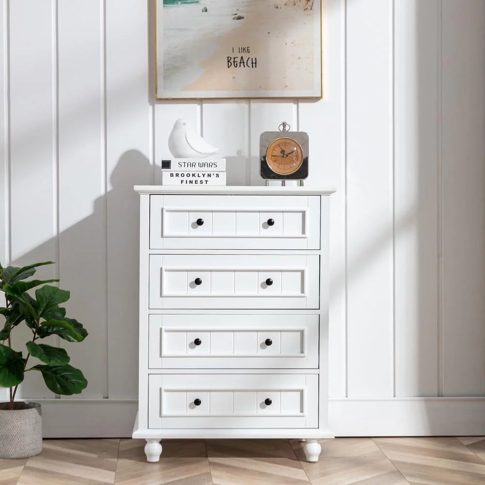 Eclife Retro 4 Drawers Dresser Tall Chest Cabinet Farmhouse Modern for Kids Bathroom Bedroom Living Room, French White