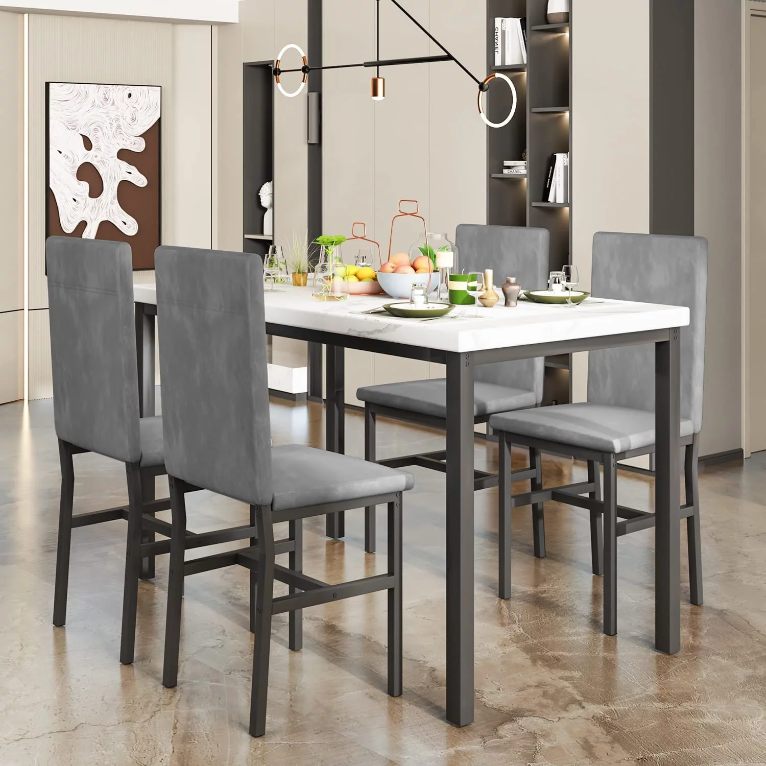 Modern Dining Table Set for 4, Faux Marble Table and Velvet Fabric Upholstered Chairs Set, 5 Piece Kitchen Dining Set