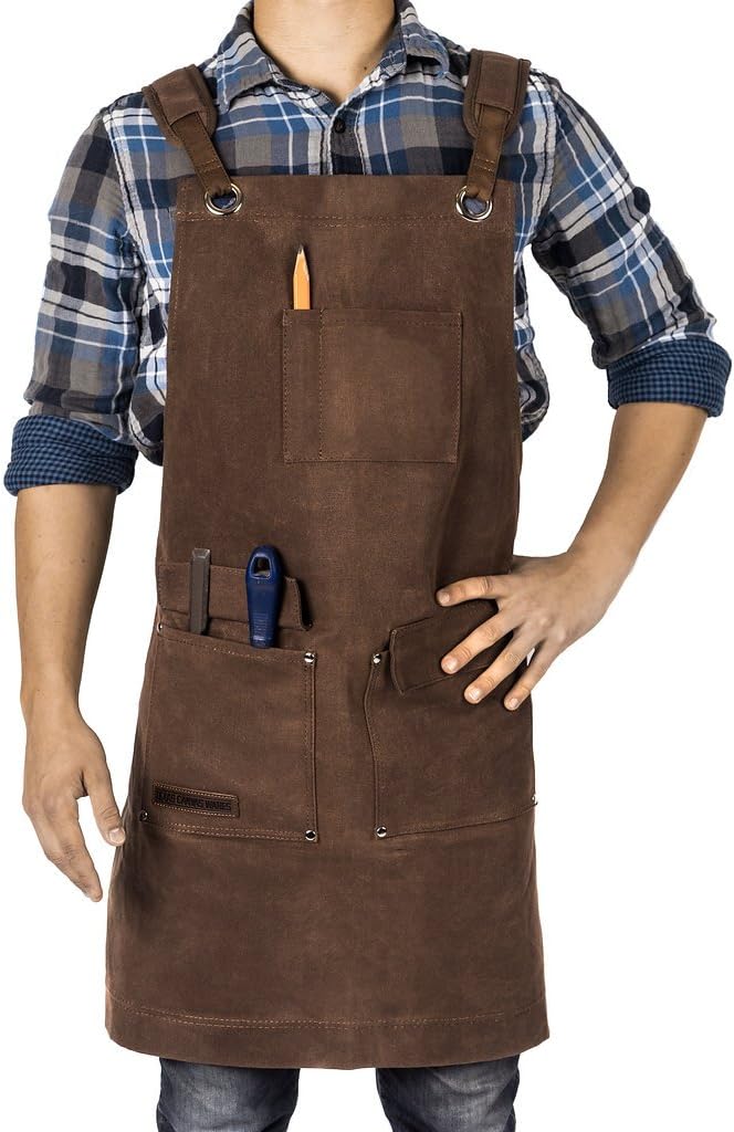 Woodworking Apron, Heavy Duty Waxed Canvas Work Apron With Pockets - M-XL Shop Apron for Men with Double Stitching, and Comfy Design - Brown