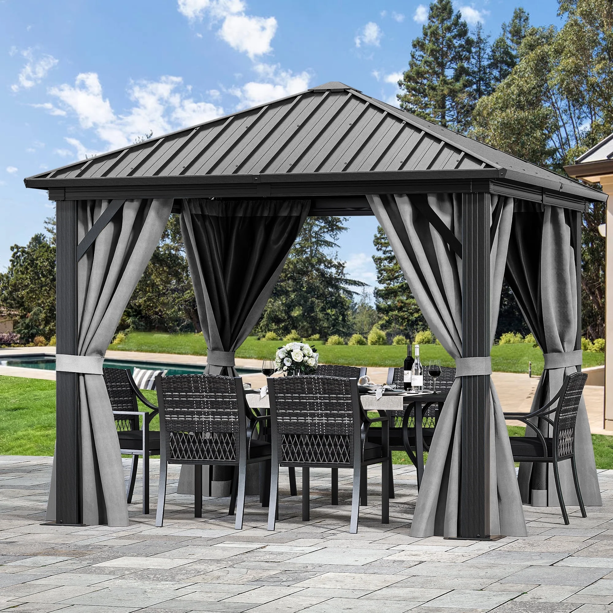 Dextrus 10x10ft Hardtop Gazebo with Nettings and Curtains,Heavy Duty Galvanized Steel Outdoor Vertical Stripes Roof for Patio, Backyard, Deck