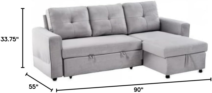 Living Room Sectional Furniture Small 90" Reversible Pull Out Sleeper L-Shaped Sectional, Corner Sofa-Bed with Storage Chaise Left/Right Handed