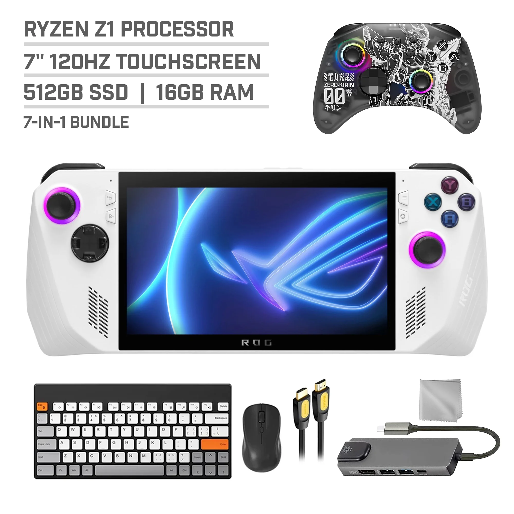 ASUS ROG Ally 512GB Gaming Handheld 7-inch Touchscreen 120Hz FHD 1080p AMD Ryzen Z1 Processor, Mytrix Zero-Kirin Wireless Pro Controller, Hub