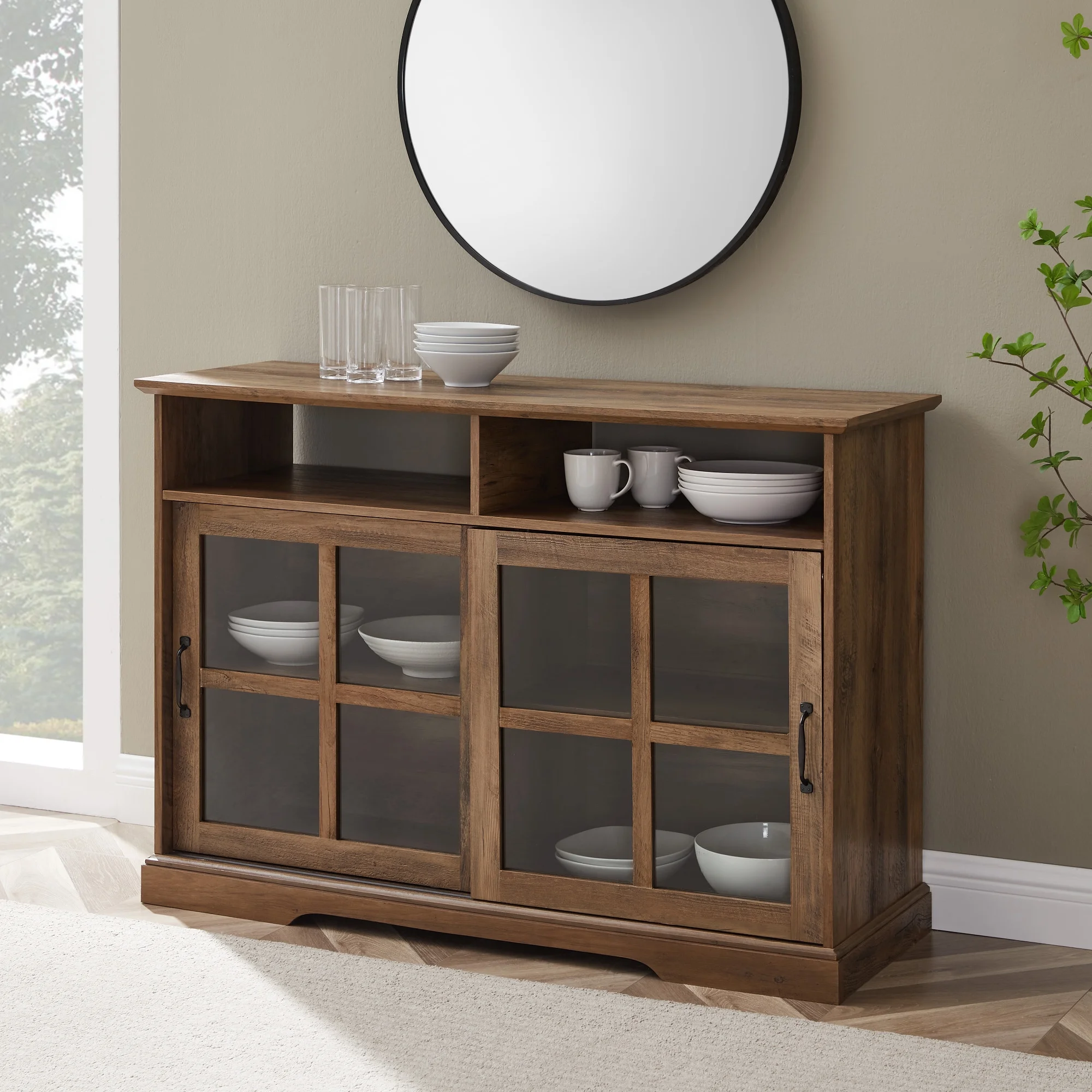 Walker Edison Farmhouse Sliding Glass Door TV Stand, Barnwood