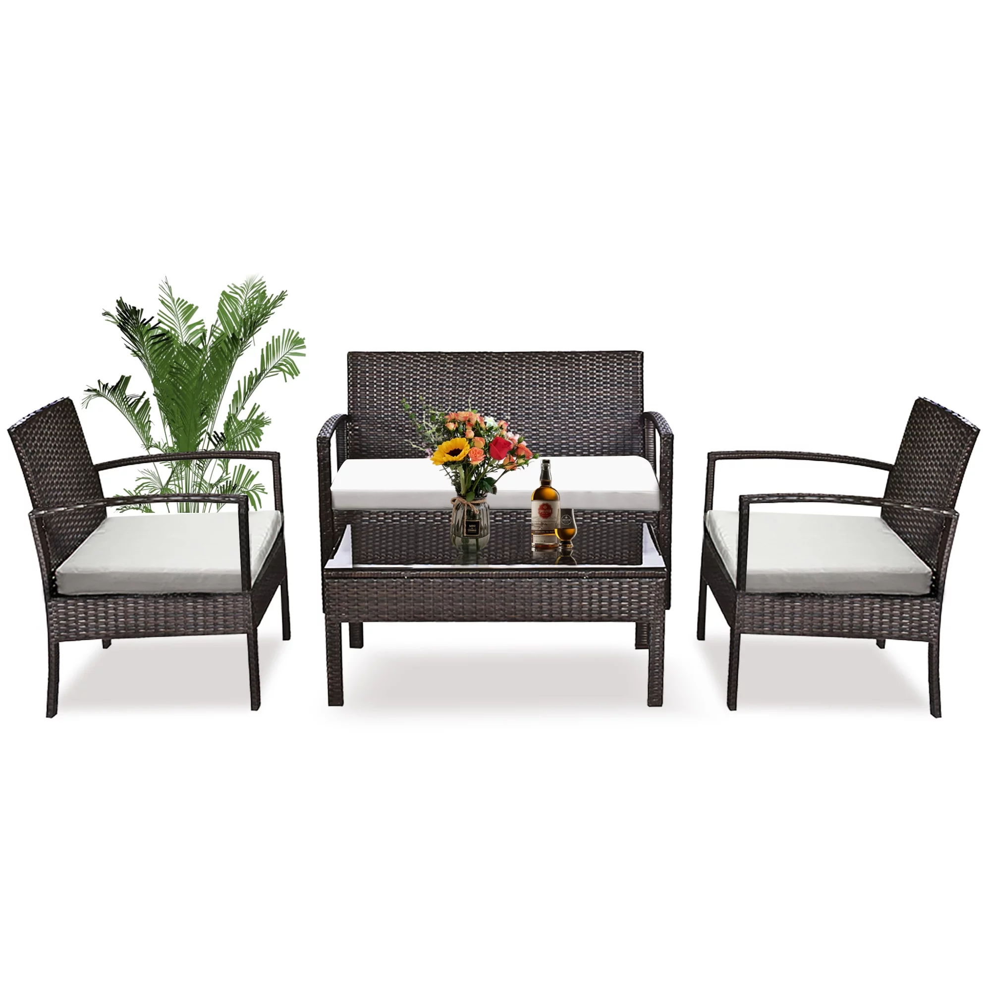 Patio Furniture Set ON SALE, Seizeen 4 Pieces Outdoor Rattan Patio Conversation Set, Cushioned Sofa and Coffee Table Deck Porch Furniture for 4, Brown