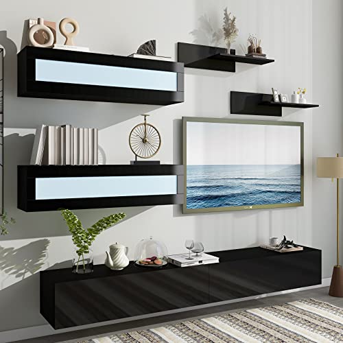 Wall Mount Floating TV Stand with Four Media Storage Cabinets and Two Shelves, Modern High Gloss Entertainment Center for 95+ Inch TV