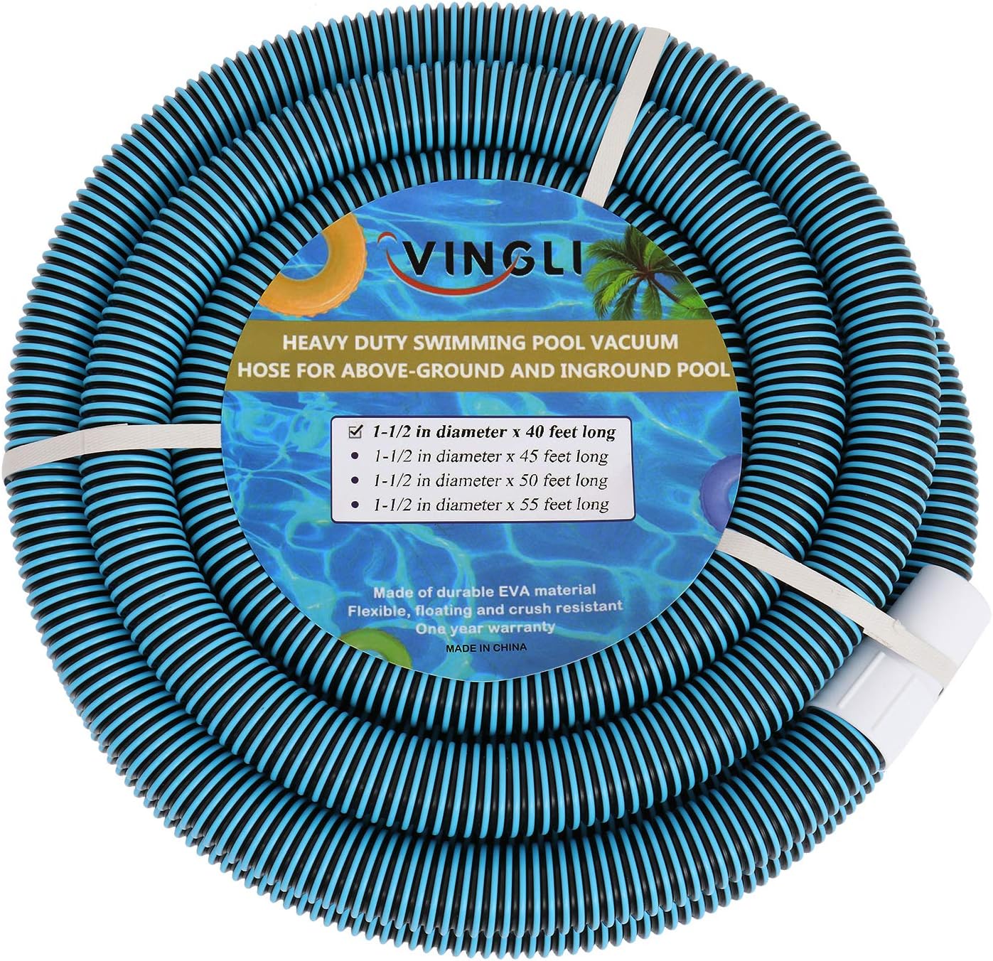 VINGLI 1-1/2-Inch x 40-Feet Swimming Pool Vacuum Hose for In-Ground Pool Foot Professional Heavy Duty Pool Hose, Blue Pack of 2