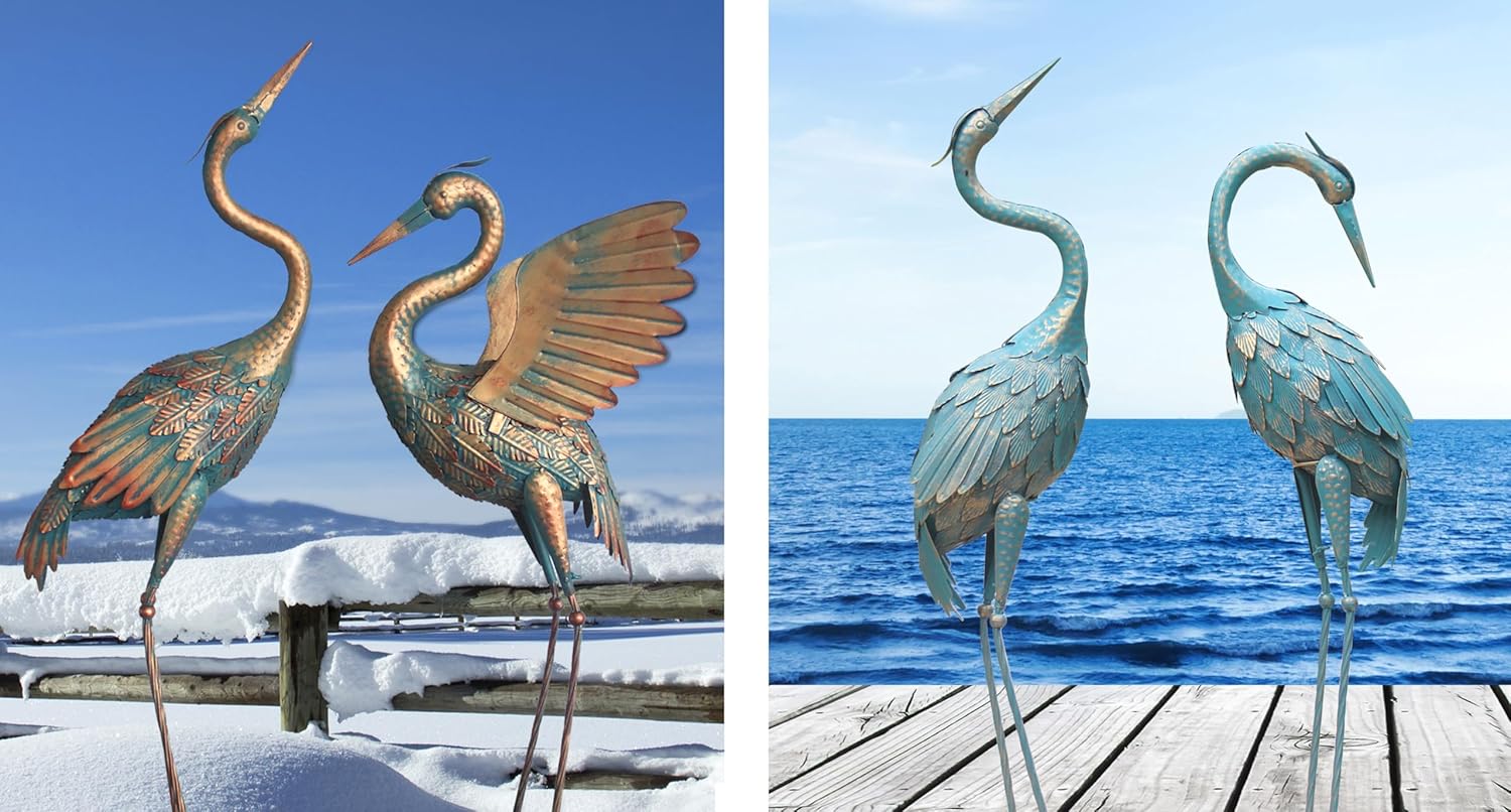 33-37 Inch Metal Crane Garden Statue Décor, 35-40 Inch Standing Garden Crane Statues, Outdoor Decoration for Yard Pond Lawn Backyard Pool